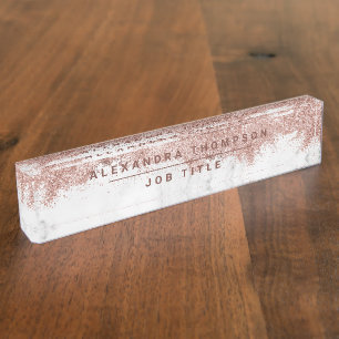 Rose Gold Pink White Marble Glitter Dust Nameplate