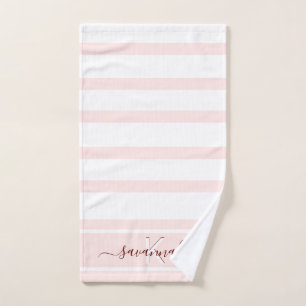 Rose gold pink white stripes monogram name hand towel