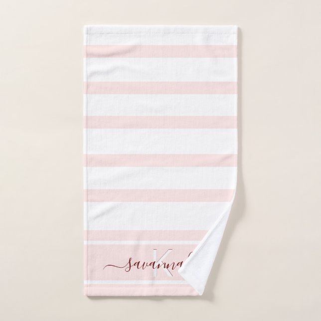 Rose gold pink white stripes monogram name hand towel (Hand Towel)