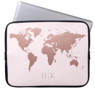 Rose Gold Pink World Map Elegant Monogrammed Laptop Sleeve
