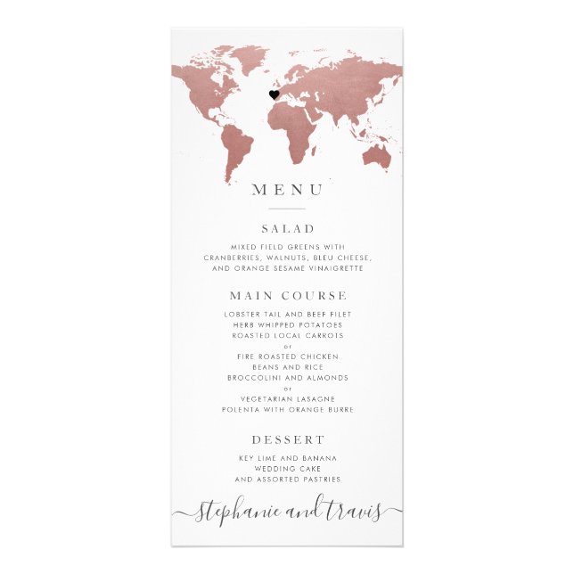 Rose Gold Pink World Map Removable Heart Menu Card (Front)