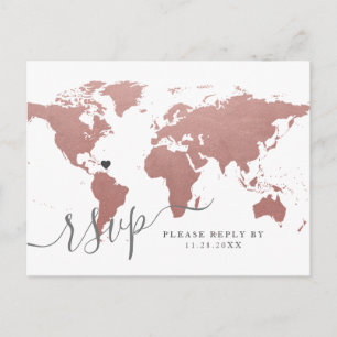 Rose Gold Pink World Map with Heart RSVP Postcard