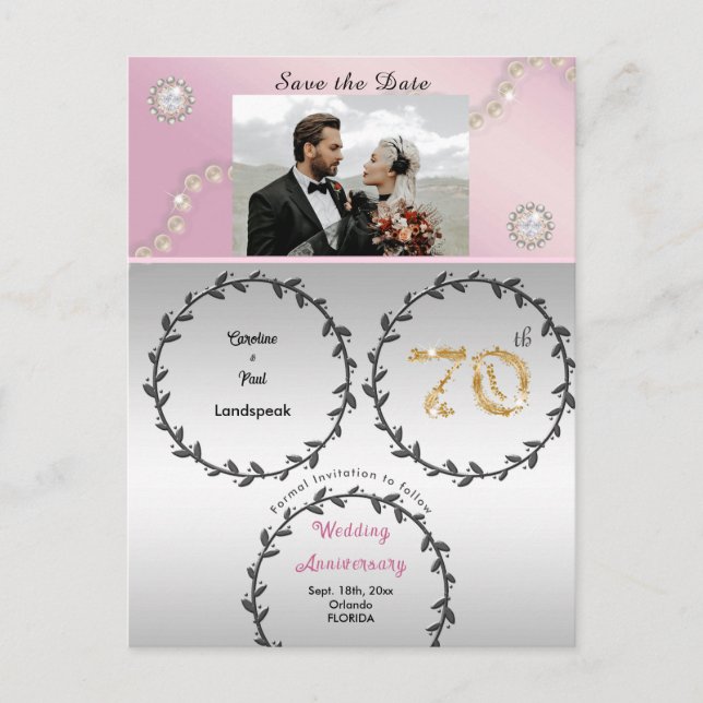 Rose Gold Platinum 70th Anniversary Save the Date Postcard (Front)