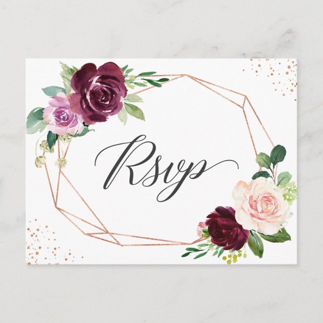 Rose Gold Plum Purple Blush Floral Wedding RSVP Invitation Postcard (Front)