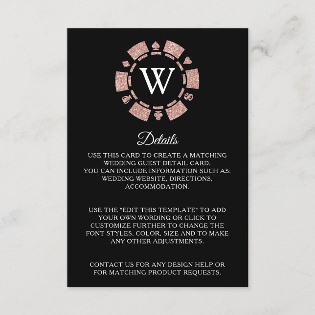 Rose Gold Poker Chip Casino Wedding Detail Enclosure Card (Front)