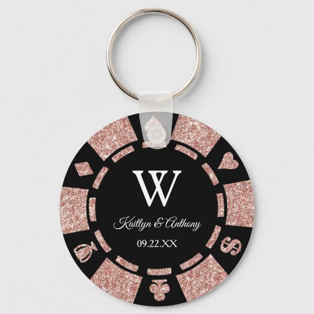 Rose Gold Poker Chip Casino Wedding Party Favour Key Ring (Front)