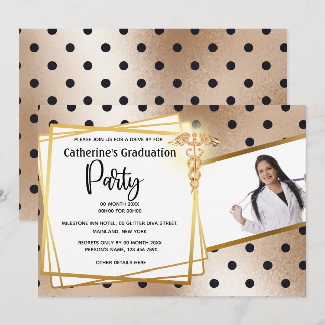 Rose gold polka dot DIY photo caduceus graduation Invitation (Front/Back)