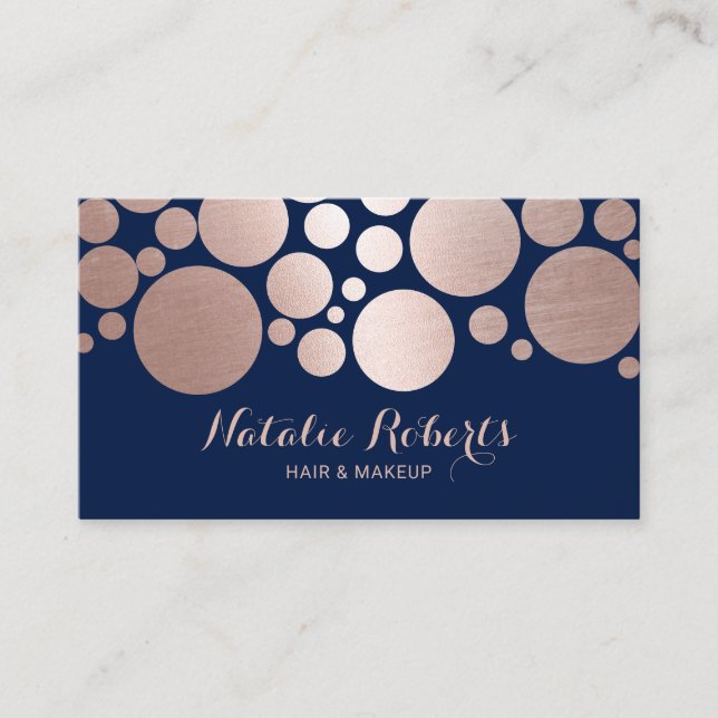 Rose Gold Polka Dot Makeup Artist Hair Salon Navy  Business Card (Front)