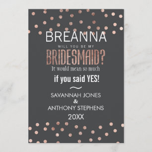 Rose Gold Polka Dots and Charcoal Black Bridesmaid Invitation