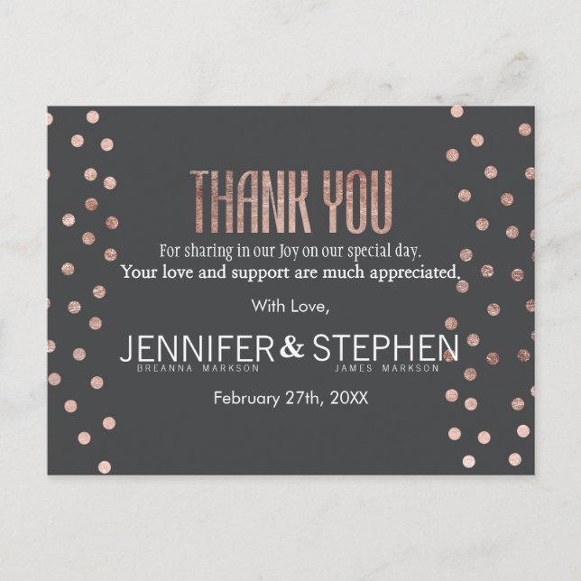 Rose Gold Polka Dots and Charcoal Black Thank Yous Postcard (Front)