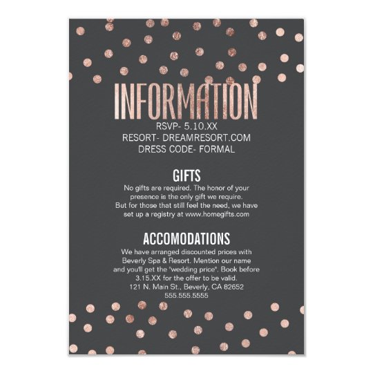 Rose Gold Polka Dots and Charcoal Black Wedding Card