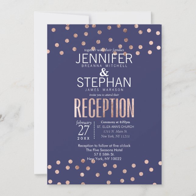 Rose Gold Polka Dots and Light Navy Blue Reception Invitation (Front)