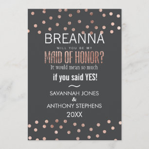 Rose Gold Polka Dots Charcoal Black Maid of Honour Invitation