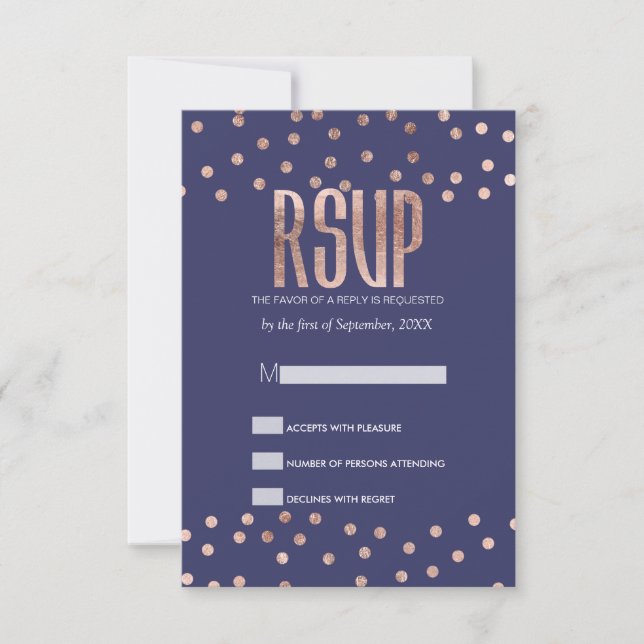 Rose Gold Polka Dots Light Navy Blue RSVP Cards (Front)