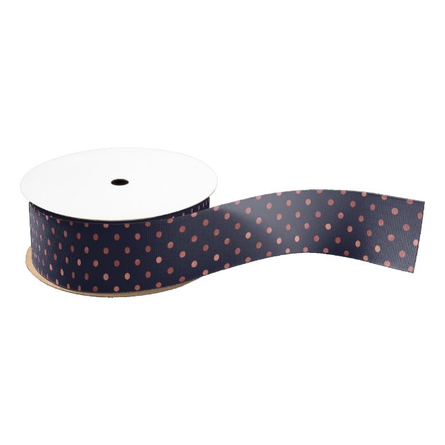 Rose Gold Polka Dots on Navy Background Grosgrain Ribbon (Spool)