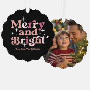 Rose Gold Pop Merry & Bright Retro Christmas Photo Tree Decoration Card