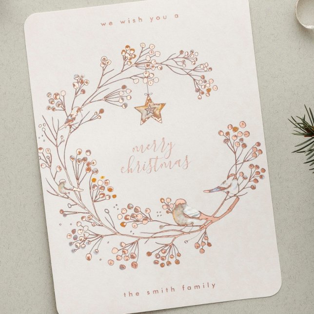 Rose Gold Pressed Wreath Merry Christmas Foil Holiday Card (Creator Uploaded)