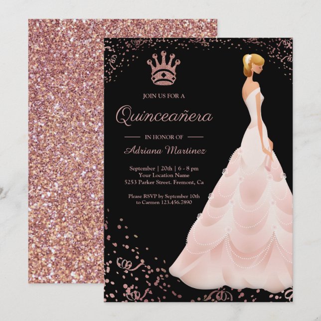 Rose Gold Princess Dress Black Quinceanera Invitation (Front/Back)