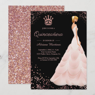Rose Gold Princess Dress Black Quinceanera Invitation