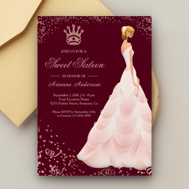 Rose Gold Princess Dress Burgundy Sweet Sixteen Invitation (Creator Uploaded)