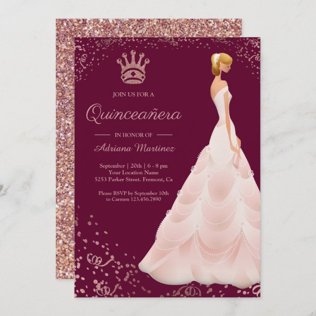 Rose Gold Princess Dress Magenta Quinceanera Invitation (Front/Back)