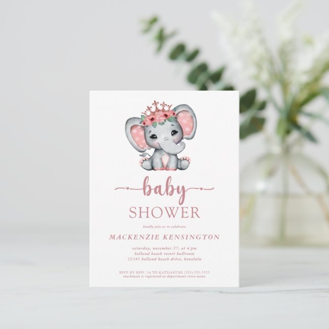 Rose Gold Princess Elephant Baby Girl Invitation Postcard (Standing Front)