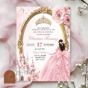 Rose Gold Princess Fairytale Castle Quinceanera Invitation