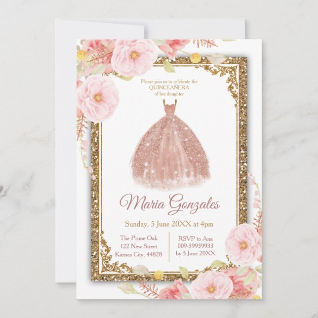 Rose Gold Princess Invitation - White Mis Quince (Front)