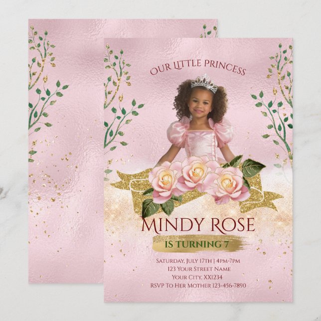 Rose Gold Princess Kids Birthday Invitation (Front/Back)
