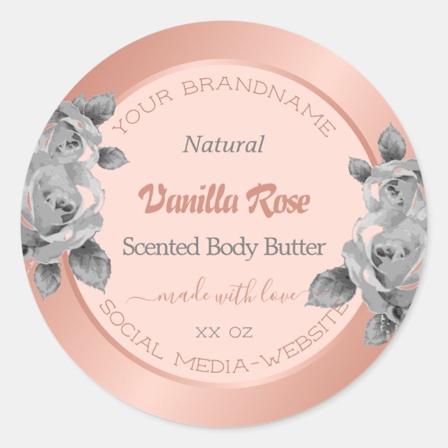 Rose Gold Product Packaging Labels Grey Flowers (Front)