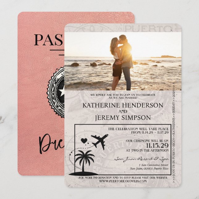Rose Gold Puerto Rico Passport Wedding Invitation (Front/Back)