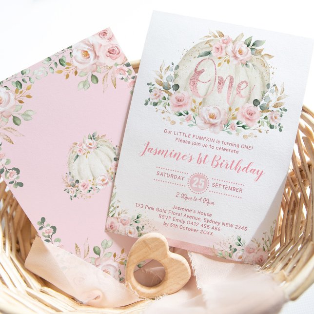 Rose Gold Pumpkin 1st Birthday Blush Pink Floral Invitation (Creator Uploaded)