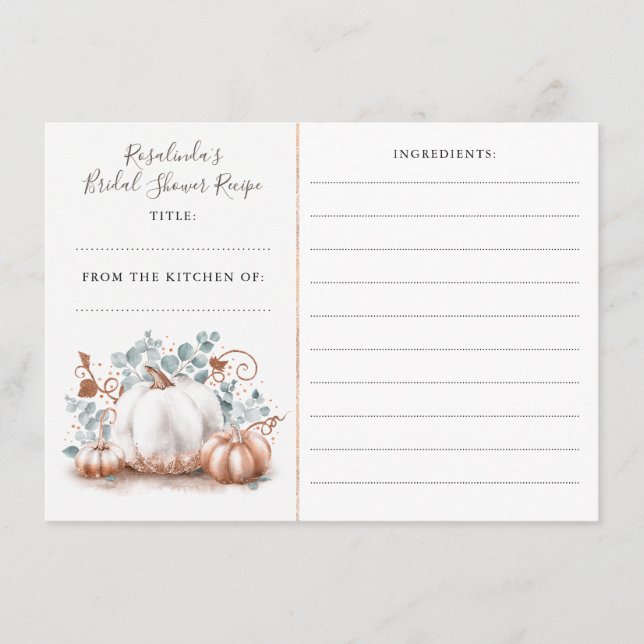Rose Gold Pumpkin Fall Bridal Shower Recipe Enclosure Card (Front)