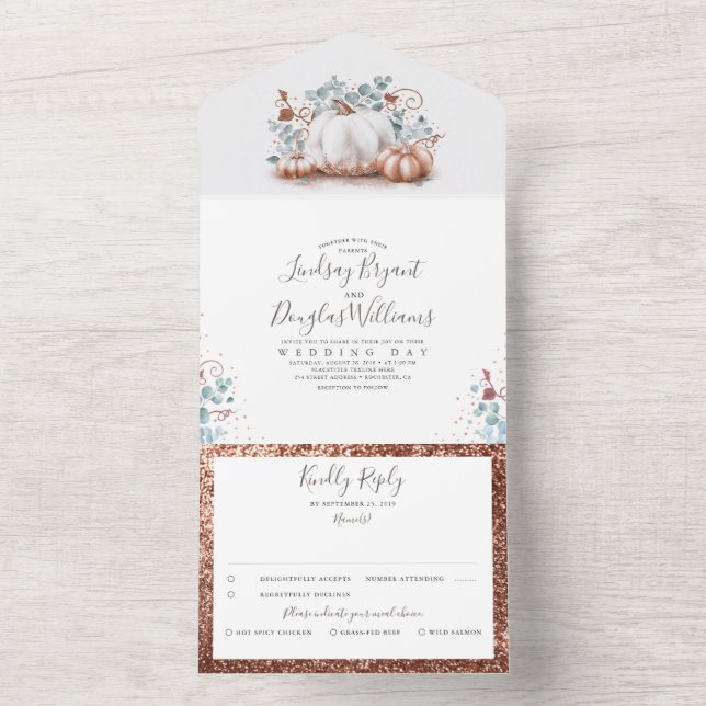 Rose Gold Pumpkins Eucalyptus Leaves Fall Wedding All In One Invitation (Inside)