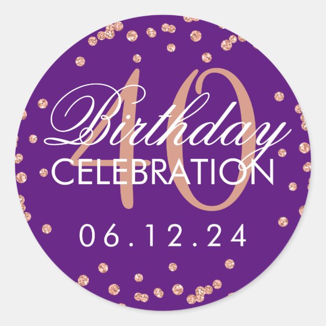 Rose Gold Purple 40th Birthday Glitter Confetti Classic Round Sticker (Front)