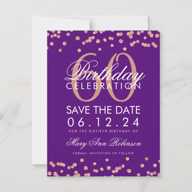 Rose Gold Purple 60th Birthday Save Date Confetti Save The Date (Front)