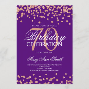 Rose Gold Purple 70th Birthday Glitter Confetti Invitation