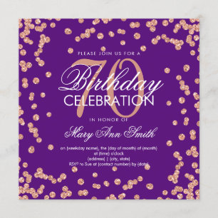 Rose Gold Purple 70th Birthday Glitter Confetti Invitation