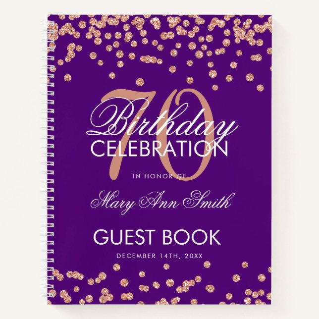 Rose Gold Purple 70th Birthday Guestbook Confetti Notebook (Front)