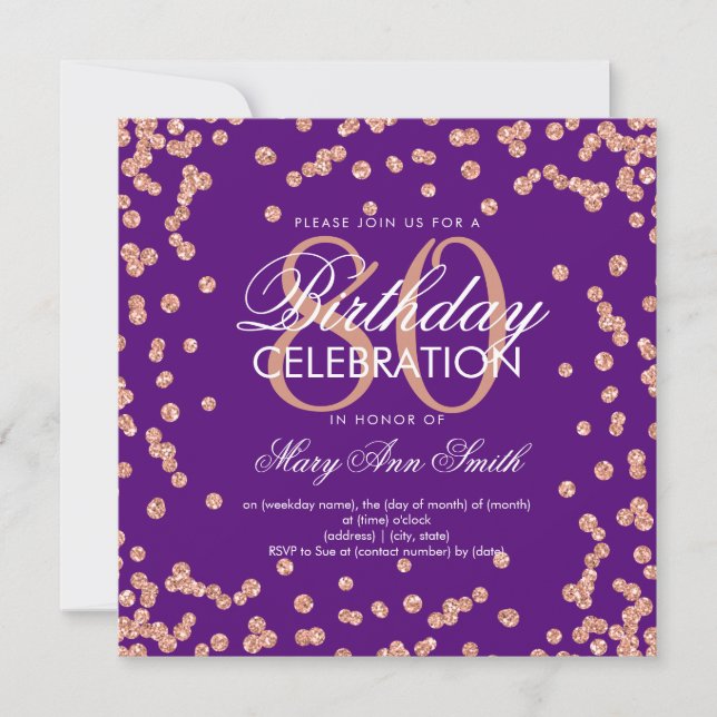 Rose Gold Purple 80th Birthday Glitter Confetti Invitation (Front)