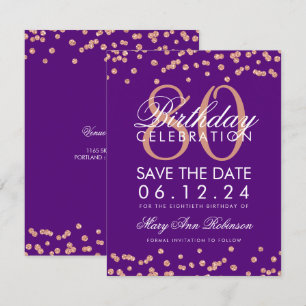 Rose Gold Purple 80th Birthday Save Date Confetti Invitation