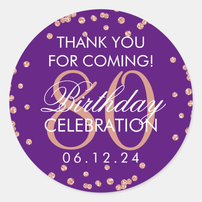 Rose Gold Purple 80th Birthday Thank You Glitter Classic Round Sticker (Front)