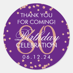 Rose Gold Purple 80th Birthday Thank You Glitter Classic Round Sticker