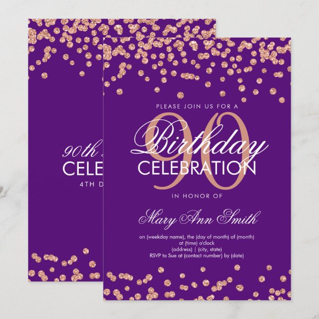Rose Gold Purple 90th Birthday Glitter Confetti Invitation (Front/Back)