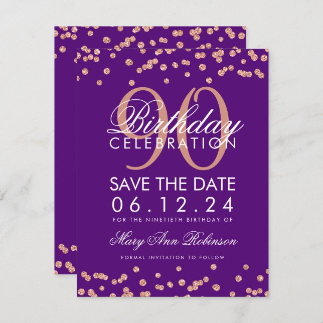 Rose Gold Purple 90th Birthday Save Date Confetti Invitation (Front/Back)