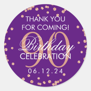 Rose Gold Purple 90th Birthday Thank You Glitter Classic Round Sticker