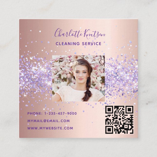 Rose gold purple cleaning service photo qr code square business card (Back)
