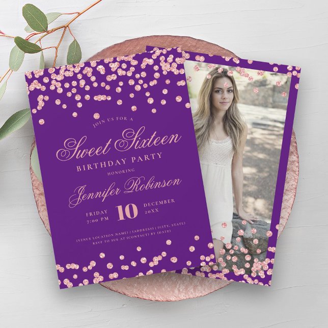 Rose Gold Purple Confetti Photo Sweet 16   Invitation (Rose Gold Purple Confetti Photo Sweet 16 Invitation)