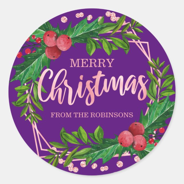 Rose Gold Purple Family Christmas Holly Glitter Classic Round Sticker (Front)
