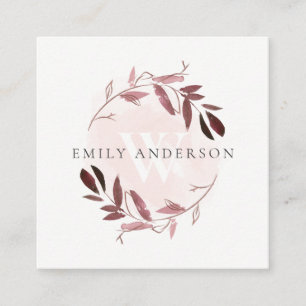 ROSE GOLD PURPLE FLORA INITIAL WREATH PROFESSIONAL SQUARE BUSINESS CARD